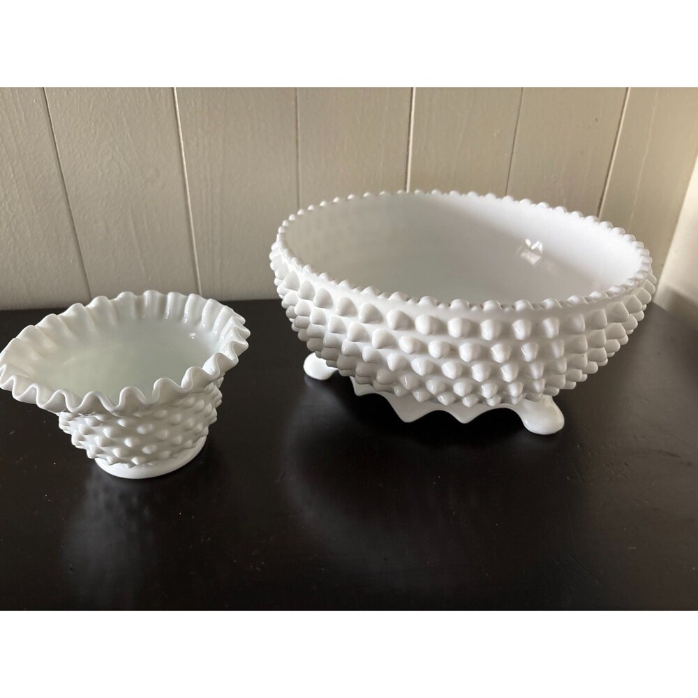 Vintage Fenton Hobnail Milk Glass Footed Fruit Bowl Set of 2 Ruffle Edge